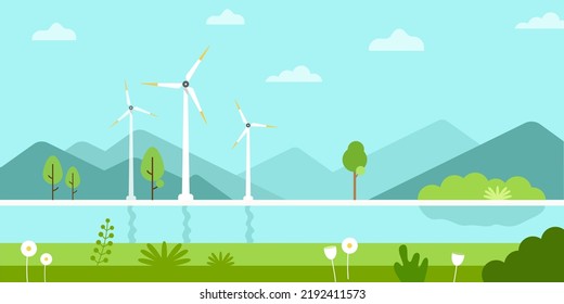 Turbine wind power green energy electricity concept wind energy plant with green grass open sky vector illustration