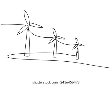 El concepto de energía verde de la energía eólica turbina. Línea continua dibujando la energía eólica planta molino de viento ecología renovable. Ilustración vectorial de dibujo de una línea.