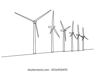 Turbine wind power green energy electricity concept. Continuous line drawing wind energy plant windmill renewable ecology. One line drawing vector illustration.