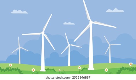 Turbine wind power green energy electricity background. Wind energy plant windmill renewable ecology vector illustration.