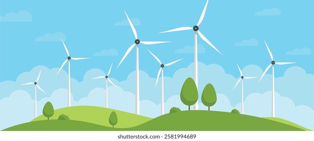 Turbine wind power green energy electricity concept wind energy plant windmill renewable ecology with green grass open sky vector illustration