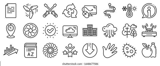Turbine, Wind, Thermostat icons. Company building, Vocabulary, Profits timeline line icons. Tree, Bacteria, Healthy food. Company chart, wind turbine. Cloud services, Timeline, Download. Vector