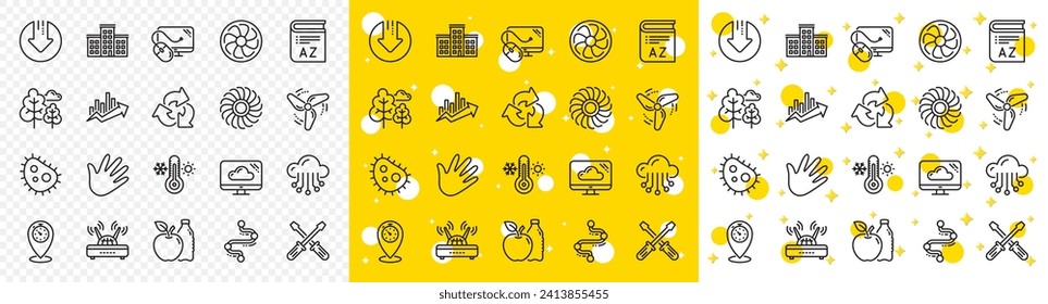 Turbine, Wind, Thermostat icons. Company building, Vocabulary, Profits timeline line icons. Tree, Bacteria, Healthy food. Company chart, wind turbine. Cloud services, Timeline, Download. Vector