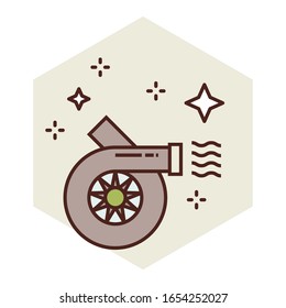 Diseño vectorial del dispositivo de inducción forzada conducido por turbina, concepto plano brillante del turbocompresor