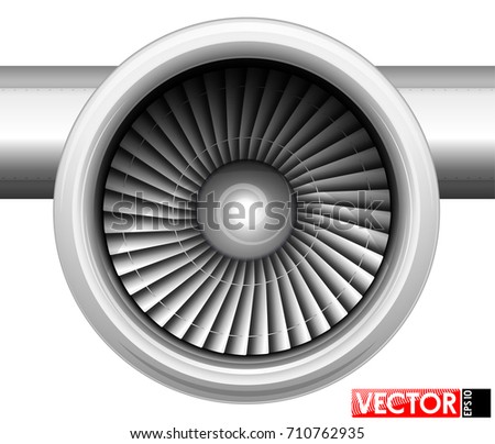 Turbines of an aircraft engine in a gondola. Front view of the compressor. Air inlet. Traced engine parts and part of the wing