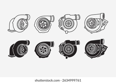 turbo charger car parts power booster engine outline, line art, filled, glyph style icon symbol element designs set for sport, automotive, garage, workshop, spare part, industry