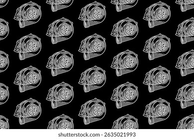 turbo charger engraving line art seamless pattern on black background. retro car booster system hatching pattern wallpaper for sport, automotive, garage, spare part, industry merchandise