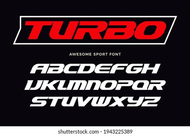 Turbo font. Heavy italic letters, modern type for sport logo, speed race headline, dynamic monogram, lettering and typography. Bold wide style letters, vector typographic design.