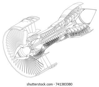 Turbo jet engine aircraft. Vector line illustration