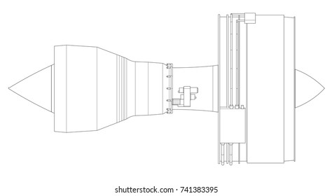 Turbo jet engine aircraft. Vector line illustration