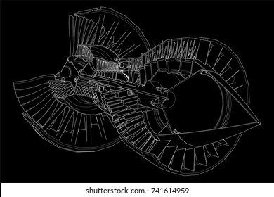 Turbo jet engine aircraft. Vector line illustration