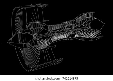 Turbo jet engine aircraft. Vector line illustration