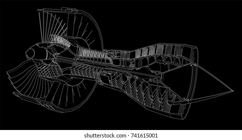 Turbo jet engine aircraft. Vector line illustration