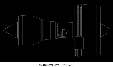 Turbo jet engine aircraft. Vector line illustration