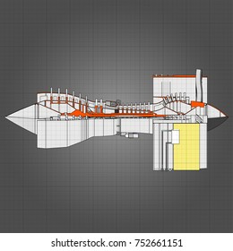 Turbo jet engine aircraft. Vector line illustration.