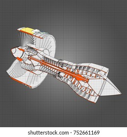 Turbo jet engine aircraft. Vector line illustration.