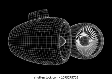Turbo jet plane engine wireframe low poly mesh vector illustration