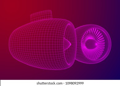 Turbo jet plane engine wireframe low poly mesh vector illustration
