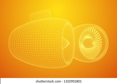 Turbo jet plane engine wireframe low poly mesh vector illustration