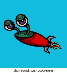 Turbo rocket snail. Animal character drawing concept. Fast conch in a speedy rocket illustration. Drawing isolated on blue background