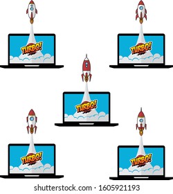 turbo space ship rocket shuttle laptop vector art illustration set