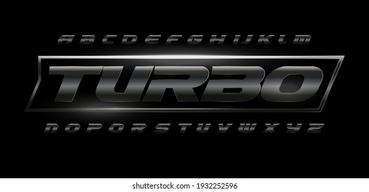 Turbo speed font with dark matte metal texture. Drive dynamic steel letters set, bold italic alphabet. Chrome typeset for automotive industrial, gym, sport. Vector typography