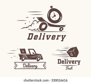 Turbo Watch Iconic Logo Design Template For Delivery Service. Vector Illustration Of Flying Reactive Car, Box And Watch Isolated On White Background