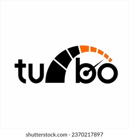 Turbo word logo design with speedometer illustration on letters R and B.