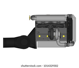 A turbocharged four-cylinder, high-performance engine for a sports car. Vector color illustration with strokes of contours of details