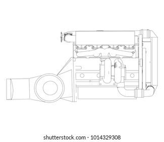 A turbocharged four-cylinder, high-performance engine for a sports car. Vector black and white illustration with a stroke of contours of details