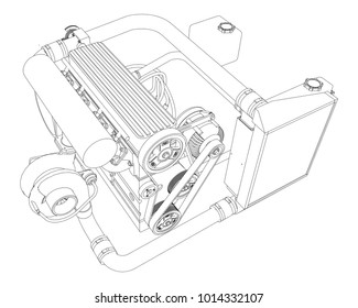 A turbocharged four-cylinder, high-performance engine for a sports car. Vector black and white illustration with a stroke of contours of details