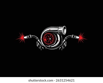 Turbocharger flanked by welder sparks emblem