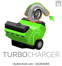 Turbocharger mounted and installed on custom racing engine block motor for increased horsepower.