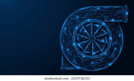 Turbocargador. Diseño poligonal de líneas y puntos interconectados. Fondo azul.