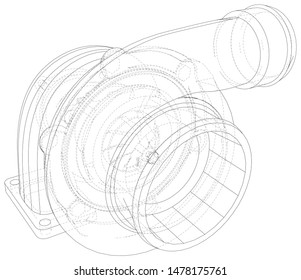 Turbocharger with wire-frame isolated on white background. Illustration created of 3d.