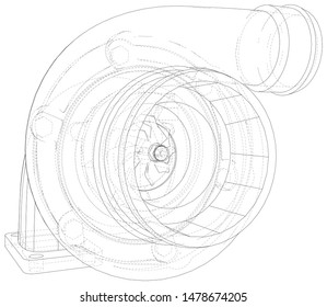 Turbocharger with wire-frame isolated on white background. Illustration created of 3d.