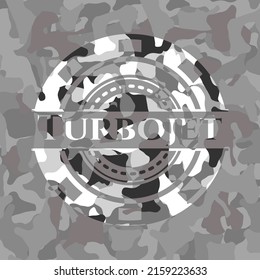 Turbojet grey camouflaged emblem. Vector Illustration. 