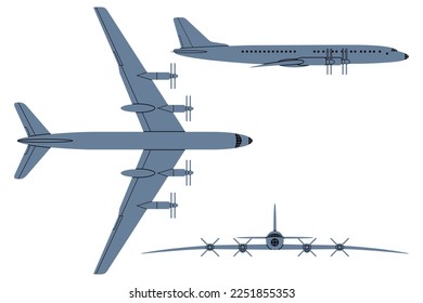 Turboprop Airliner Silhouette (1957). Top, Side, Front View. Vintage airplane. Vector clipart isolated on white.