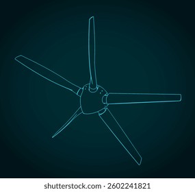 Turboprop engine propeller isometric blueprint stylized illustration