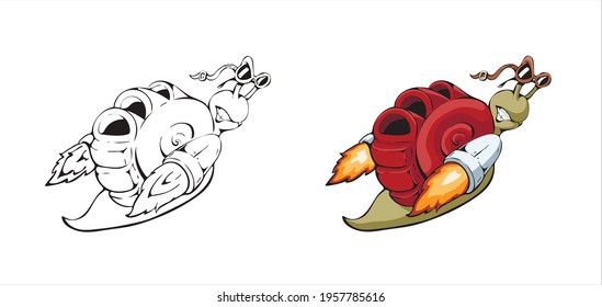 Turbosnail, colored cartoon hand drawn line drawing of futuristic snail in glasses with turbines with angry funny emotion, for coloring book pages