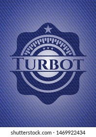 Turbot badge with denim background. Vector Illustration. Detailed.