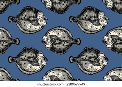 Turbot fish sketch. Hand drawn Seamless pattern. Seafood design element for packaging. Engraved style illustration. Flounder fish label.