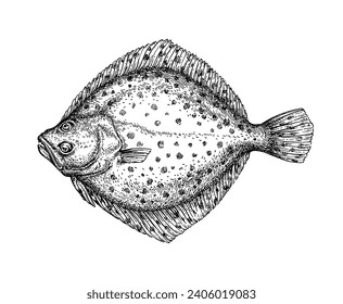 Turbot. Illustration of flatfish. Hand drawn ink sketch isolated on white background. Retro style.