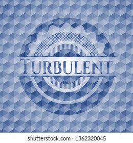Turbulent blue emblem with geometric pattern background.