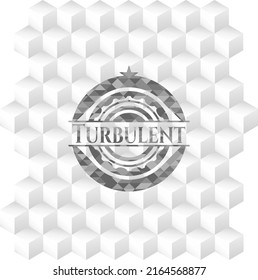 Turbulent grey icon or emblem with geometric cube white background. 