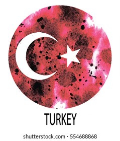 Turcey. Simple vector flag button. Texture watercolor paint. Drawing by hand.