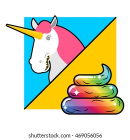 Turd unicorn. Rainbow of shit. Clouds and sky. Magic animal laughs. Laughter magical beast