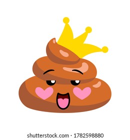 Turd usando icono vectorial emoticono de la corona con sonrisa coqueteante en la cara, ilustración aislada en caricatura plana y estilo kawaii con corazones.