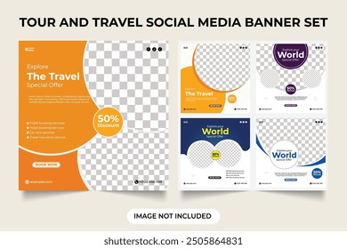 Ture and Travel agency business social media post design bundle. Travel advertisement promotion template set. Tour and travel social media ad template collection. Travel agency promotion banner set.