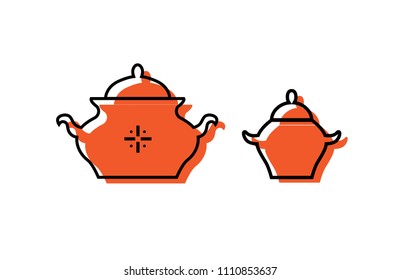 Tureens large and small. Kitchen utensils, dishes. For cooking courses, schools, recipe books, magazines. Vector illustration.